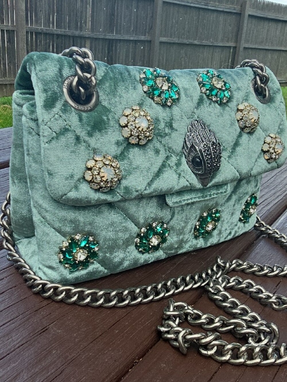Kurt Geiger Embellished Quilted Green Velvet Shoulder Bag - Picture 3 of 16